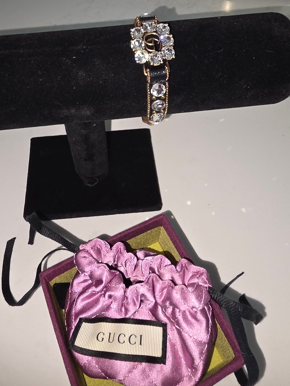 Gucci Black Leather Crystal-Studded Bracelet with Gold Double G - Picture 7 of 8